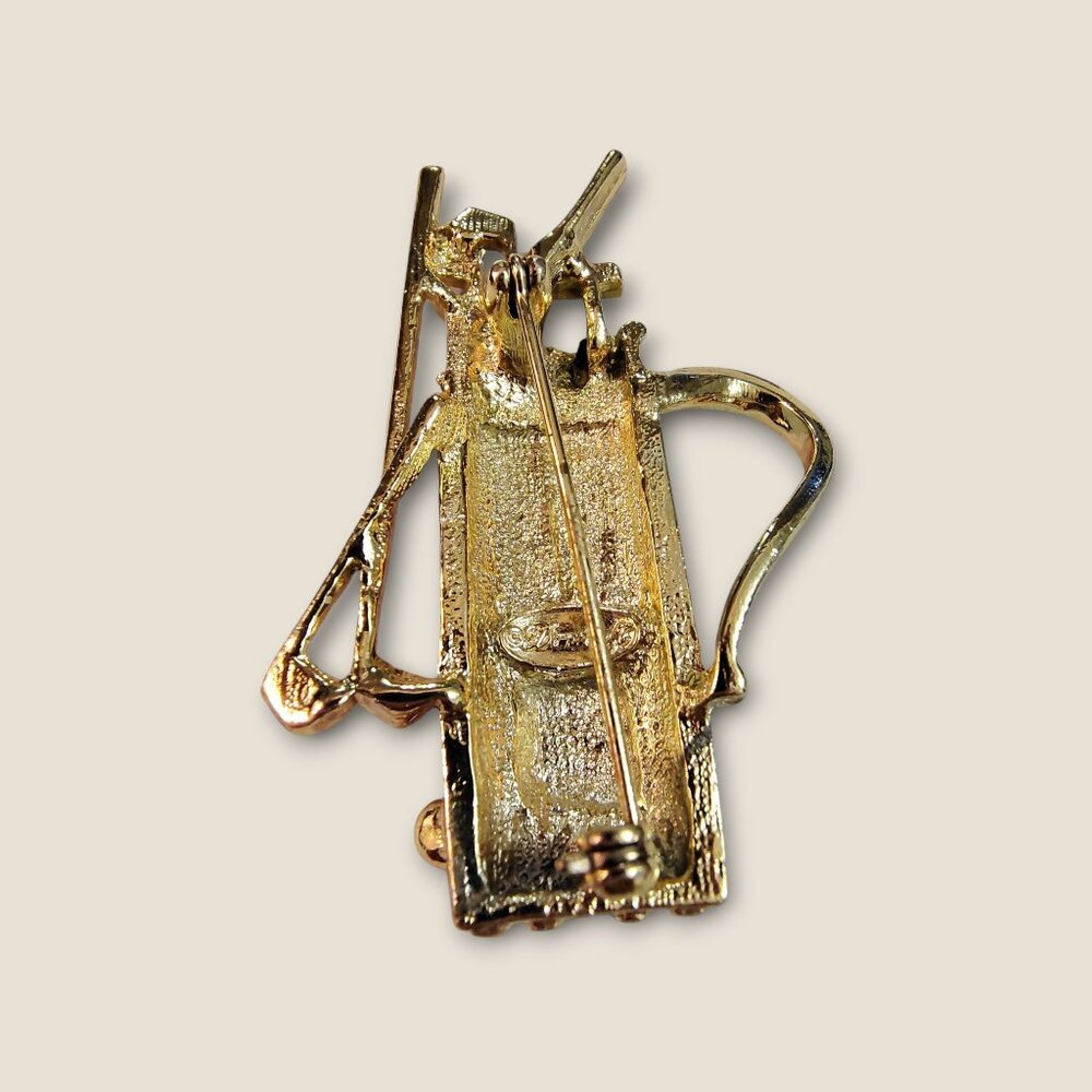 Danecraft Golf Bag Brooch Red & Black Enamel Gold-Tone Rhinestones Pearl Accent - Picture 2 of 4